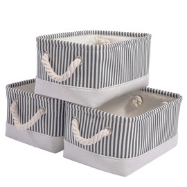 Mangata Fabric Storage Boxes, Open Storage Organiser for Books, Toys, Small Items, Pack of 3 (Grey Stripes, Small)