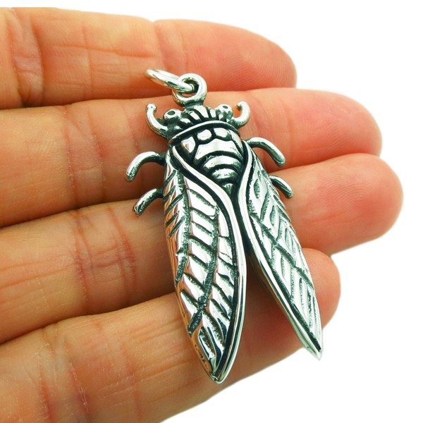 Large Hallmarked 925 Sterling Silver Cicada Insect Pendant