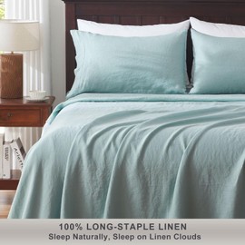 TOSMO Linen Pillowcase, 100% French Flax Stone Washed Pillowcases Envelope Closure, Set of 2, 2 Pillow Cases (Aqua, King 20 x 40 inches)