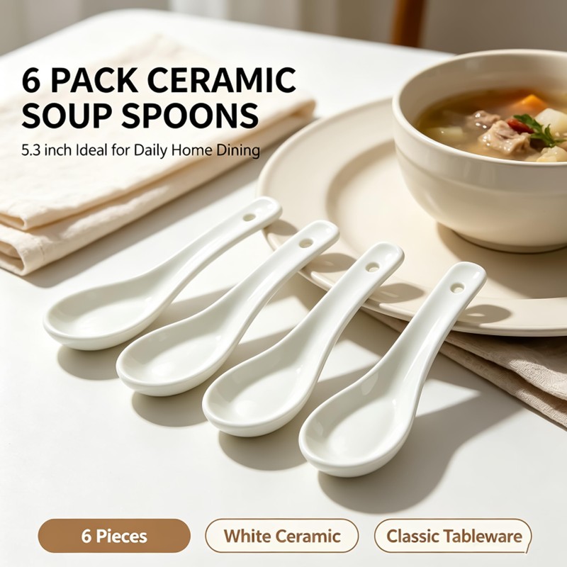 Asian Soup Spoons, 6-Piece White Ceramic Set
