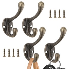 Brosay Wall Mounted Double Hooks Vintage Hardware Hooks Industrial Hooks Bronze Coat Hooks Decorative for Hanging Small Towels Hat Key Bag with Screw 4Pcs (Bronze, B Style)