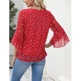 CiCiBird Women Chiffon Floral Blouse 3/4 Ruffle Sleeve Crew Neck Pleated Front Tops Dressy Casual Shirts Red M