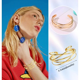 FIRAZIO 2-8 Pcs Cuff Bangle Bracelet for Women Open Wide Wire Bracelets Gold Wrist Cuff Wrap Bracelet Adjustable, Large, Metal, no gemstone