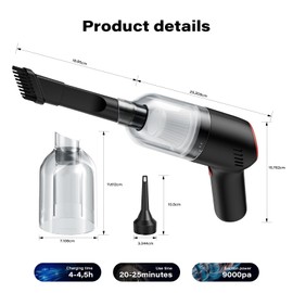 APPS2Car Black 3 in 1 Cordless Handheld Vacuum Cleaner, 9000PA Strong Suction with Type-C Charging, 2 HEPA Filters for Car, Home, Kitchen, Pet Hair Cleaning (Portable Design)