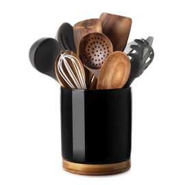 Nucookery 360° Rotating Utensil Holder, 7.2" Large Utensil Crock, White Ceramic Cooking Utensil Organizer with Countertop-Protection Cork Bottom for Farmhouse Kitchen Decor Gift (Black)