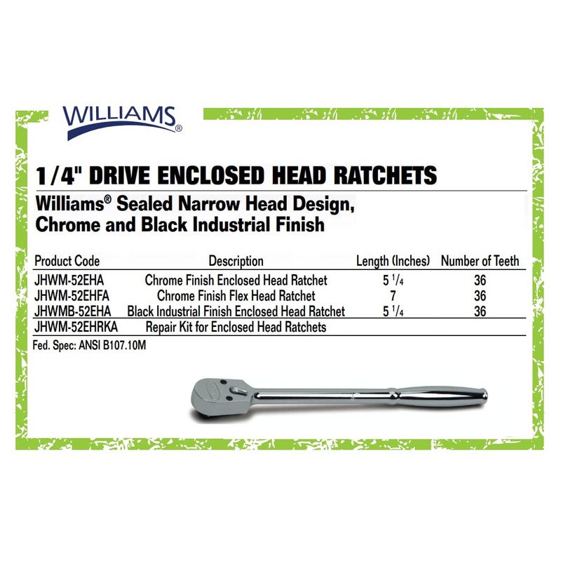 Williams JHWM-52EHFA 1/4-Inch Drive Enclosed Flex Head Ratchet with Chrome