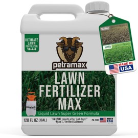 PetraMax Liquid Lawn Fertilizer for Lawns Concentrate - Liquid Fertilizer for Lawns, Food for Grass - 16-4-8 High Nitrogen Lush Green Grass, Phosphorus for Strong Roots - Apply Spring & Summer (1 G)