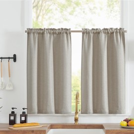 jinchan Linen Textured Kitchen Curtains Flax Linen Look Tier Curtains 45 Inch for Bathroom Living Room Farmhouse Cafe Curtains Rustic Window Treatments Room Darkening Rod Pocket 2 Panels Beige