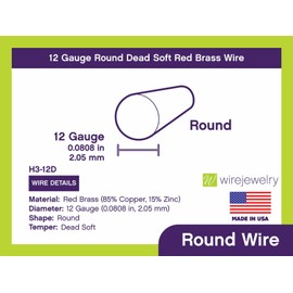 WireJewelry 12 Gauge Round Dead Soft Red Brass Wire - 5 Feet