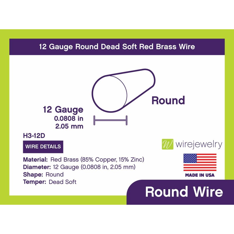 WireJewelry 12 Gauge Round Dead Soft Red Brass Wire -