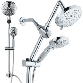 Hotel Spa - Spa Station 34" Adjustable Drill-Free Slide Bar with 48-setting Showerhead Combo & Height Extension Arm / 3-way Rain & Handheld Shower Head/Low Reach Diverter/Stainless Steel Hose/Chrome