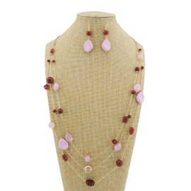 COIRIS 3 Layers Illusion Wire Long Statement Set Necklace Earrings for Women Beaded (N0008pink)