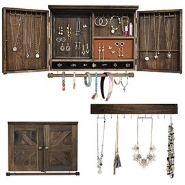 GLANT Rustic Wall Mounted Jewelry Organizer with Wooden Barndoor Decorï¼ Wall Mount Holder,Jewelry Holder for Necklaces, Earings, Braceletsï¼Ring Holder. Includes Matching Hook Organizer (Wood Color)