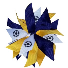 Extra Large Soccer Pom Hair Bow, Made in the USA, white pony band, many colors (Navy/Gold)