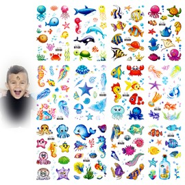 12 Blatt Meerestiere Tattoo,Glitzer Unterwasser Tattoos für Kinder,Temporäre Fake Tattoos mit Hai,Krake,Seestern,Wasserdichte Party Deko für Geburtstag,Unter dem Meer Themenparty und Sommerfest