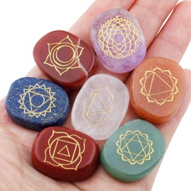Nupuyai 7 Chakra Gemstones Set Healing Stones Energy Stones with Symbols for Reiki Healing Meditation Balancing Multi-coloured 3