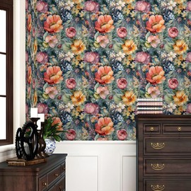 REDAMANCY Dark Navy Blue Roses Garden Floral Yellow Colorful Pink Flowers Peel and Stick Wallpaper Stick on Contact Paper Vintage Wall Paper Easy Peel Off for nightstand Drawer Cabinet Renter