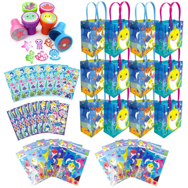 Tiny Mills Shark Family Birthday Party Assortment Favor Set of 108 pcs (12 Large Party Favor Treat Bags with Handles, 24 Self-Ink Stamps for Kids, 12 Sticker Sheets, 12 Coloring Books, 48 Crayons)
