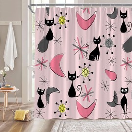 GCTNBJL Mid Century Black Cat Shower Curtain Pink Gray Retro Atomic Black Cat Modern Geometric Funny Vintage 50s 70x70(WxH) Inches Bathroom Decor Fabric Curtain with Hooks
