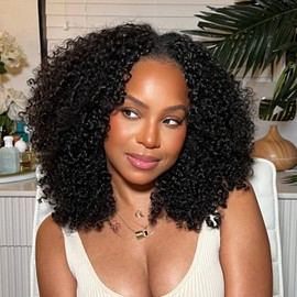 OQ Hair V Part Wig Human Hair Afro Curly Upgrade U Part With Adjustable Drawstring 180% Density V Shape Clip In Half Wig For Women Natural Color 24 Inch