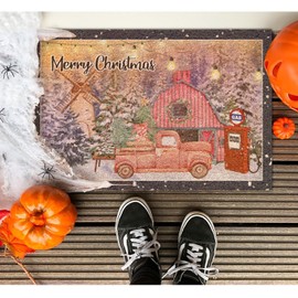 DecStic Christmas Gas Station Coir Mat Winter Farm Snow Tree Red Truck Doormat Christmas is Coming Funny Weather Resistant Non Slip Mat for Home Entrance Floor Door Porch 16x24in