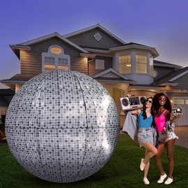 Jetec 7.51 ft Inflatable Lighted Disco Ball with Built in LED Light Dark Color Fabric Disco Party Decorations Oversized Decorated Mirror Ball Yard Decoration for Dance Music 50 60 70s Party Decor