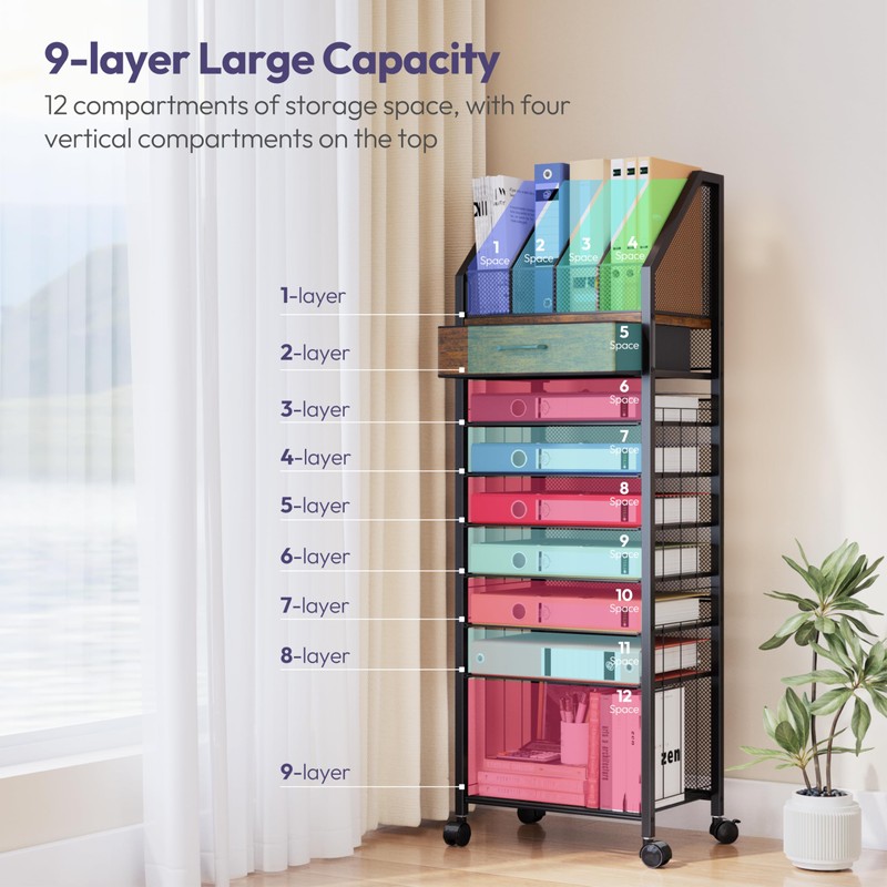 SWTYMIKI 9-Tier Rolling File Cart - Paper Organizer with Drawer
