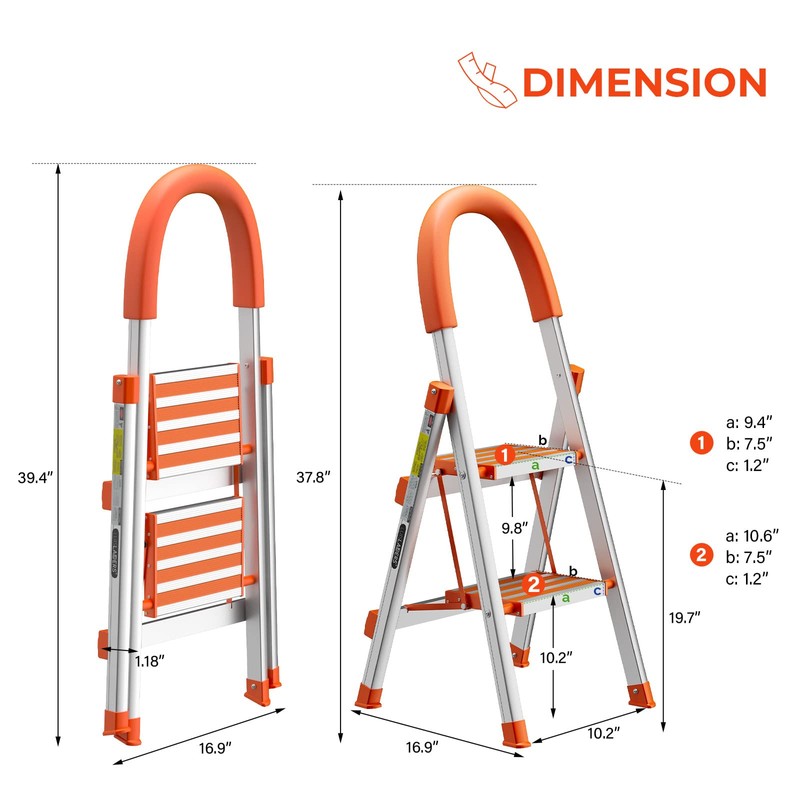 LUISLADDERS 2 Step Ladder Aluminum Lightweight Folding Step Stool Portable