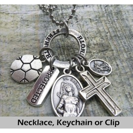 St. Sebastian, Patron Saint of Athletes, Soccer Keychain, Clip or Necklace. Divine Messenger Help and Protection. Customize with Initial or Crystal Birthstone Option. Unisex Gift.