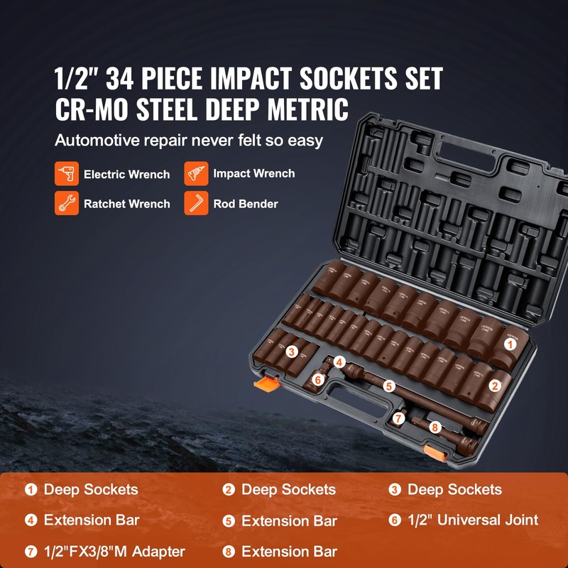 VEVOR 1/2" Drive Impact Socket Set, 34 Piece Socket Set