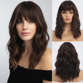 simkaylee Dark Brown Wigs with Highlight for Women Synthetic 16 inch Medium Length Wigs with Bangs Natural Long Wavy Fringe wig Heat Resistant Hair for Daily Party Use(16 inch)
