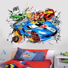 wondever Large 3D Racing Car Wall Stickers Vehicles Break Through Peel and Stick Wall Art Decals for Boys Room Kids Bedroom Playroom