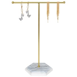 YUNXCNA Gold T Shaped Jewellery Holder Chain Holder Metal Marble Base for Small Necklaces and Bracelets