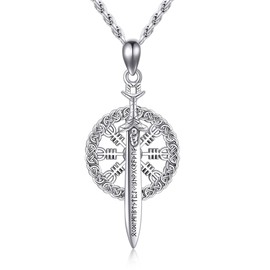 VENACOLY Viking Sword Necklace Sterling Silver with Compass Norse Viking Compass Pendent Jewelry for Men Women