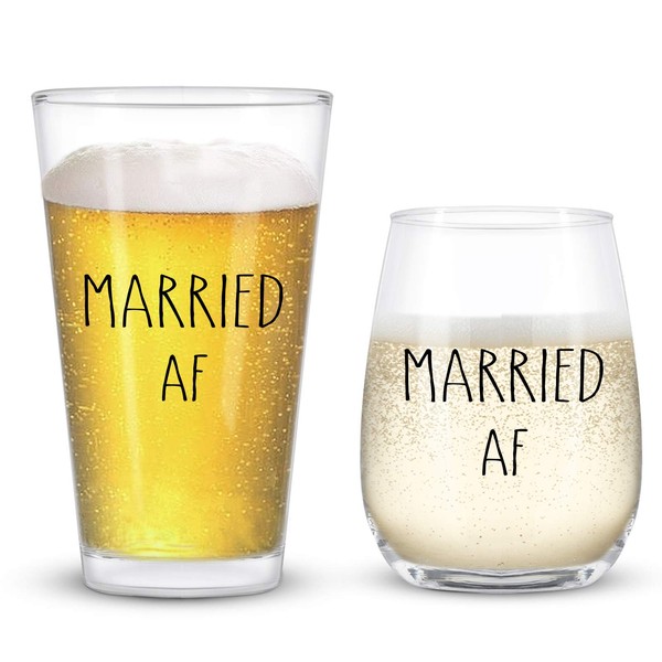 Married AF Wine Glass and Married AF Beer Glass, Wine Glass and Beer Glass Gift Set for Couples, Newlyweds, Mr Mrs, Husband Wife - Gift Idea forValentine's Day, Birthday, Wedding, Anniversary