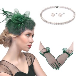 Magibag Fascinators Hats with Gloves Set for Women 20s 50s Cocktail Tea Party Wedding Costume Headwear (B-Blackish Green)