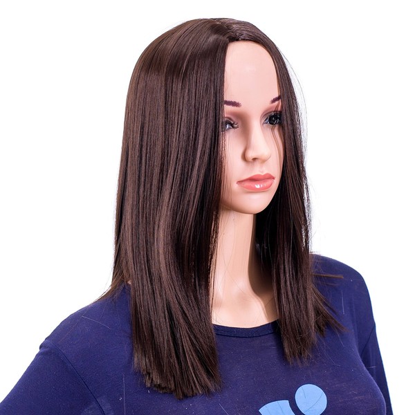 SWACC 14-Inch Short Straight Middle Part Hair Wig Medium Length Synthetic Heat Resistant Wigs for Women with Wig Cap (Dark Brown-4#)