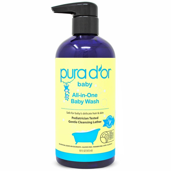 PURA D'OR All-in-One Baby Wash (16oz) USDA Biobased, Zero Sulfates, No Artificial Scents, Tear-Less, Hypoallergenic, Gentle, Calming 2-in-1 Baby Bath Wash & Shampoo