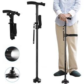 Bastones para Adulto Mayor, Bastón Plegable Ajustable de 2 Mangos Luz LED Ajustable de 45° Altura Ajustable de 5 Niveles Base Cuádruple Pivotante, Bastón para Ancianos y Adultos