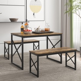 VECELO Kitchen Dining Table Set for 4, 43.3" Wood Rectangle Dinette with 2 Benches, Heavy-Duty Metal Frame for Small Space, Breakfast Nook, Brown