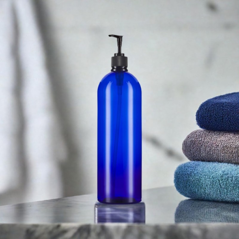 JUVITUS 32 oz Cobalt Blue Boston Round PET Bottles with