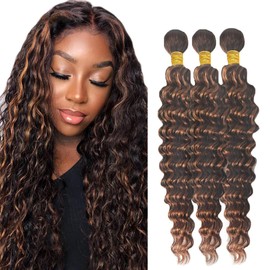 Highlight Human Hair Bundles Ombre Deep Wave Bundle Brown Deep Wave Bundle Human Hair Weave P4/27 Blonde Human Hair 3 Bundle 16 18 20 Inch 8A Brazilian Remy Human Hair Extensions