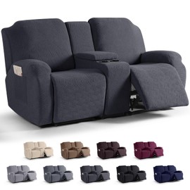 KinCam Loveseat Recliner Covers with Middle Console Slipcover, Recliner Sofa Covers 2 Seat Couch Cover Stripe Jacquard Furniture Protector Covers with Elastic Bottom for Kids, Pets (Charcoal Gray)