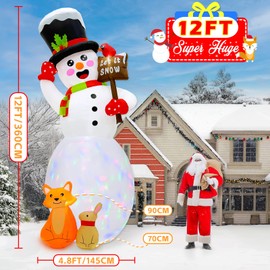 OurWarm 12FT Christmas Inflatable Snowman Outdoor Decoration, Christmas Blow Ups with Rabbit Fox Decor and Rotating LEDs, Giant Christmas Inflatables for Lawn Yard Party Garden Xmas Outside Decor