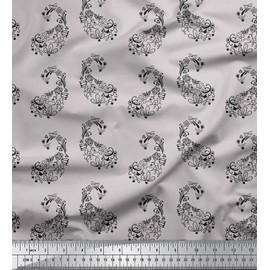 Soimoi Gray Cotton Duck Fabric Black Sketch Floral & Paisley Print Sewing Fabric BTY 56 Inch Wide