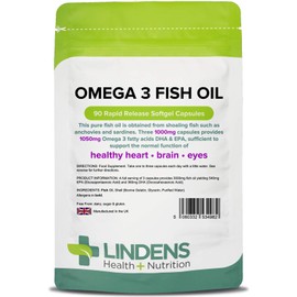 Lindens Omega 3 Fish Oil Capsules - 90 Pack - 3,000mg Daily Intake - UK Made - Supports Normal Function of Healthy Heart, Brain & Eyes - GMP & Letterbox Friendly