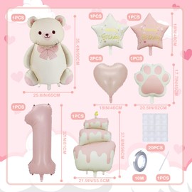 Panouo 8-Pack Matte Bear Party Balloons, Pink Foil Balloons, 1-Year-Old Girl Birthday Party Decorations, Bear Theme Party Decorations, Birthday Party Decorations (1)