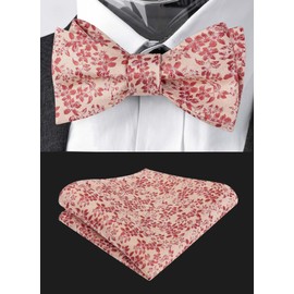 Alizeal Mens 2pcs Floral Self Tied Bow ties with Flower Patternd Handkerchief Set, Coral Orange+Burgundy