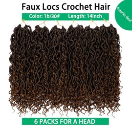 Faux Locs Crochet Hair 14 Inch Ombre Goddess Locs Crochet Hair for Women Soft River Locs Curly Pre Looped Crochet Braids with Curly Ends Boho Hippie Locs Synthetic Hair Extensions(6 packs, 1b/30)
