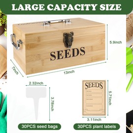 Coolrunner Wood Seed Saving Box, Seed Storage Organizer Case, Seed Packet Storage Organizer with Lock and 3 Handles, 30P Plant Labels, 30P Seeding Envelopes Bag